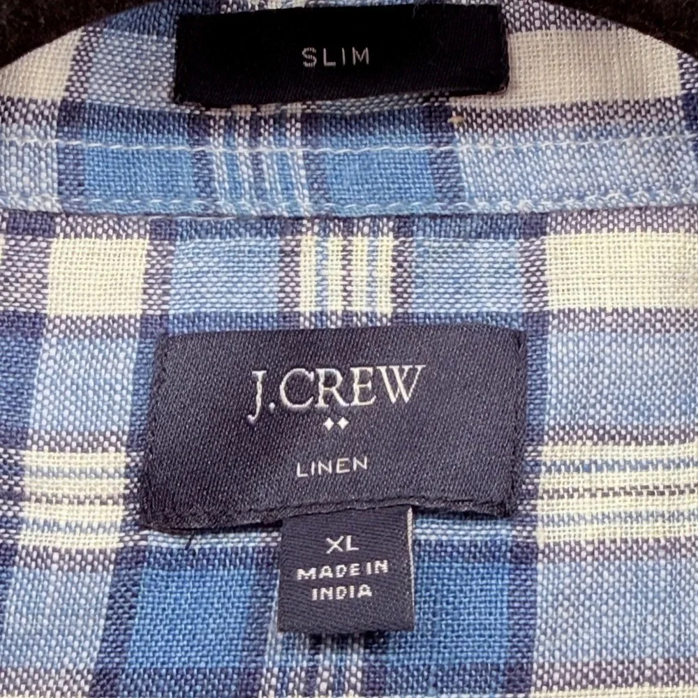 J Crew Slim Fit Blue Plaid Linen Button Down Shirt XL F0850